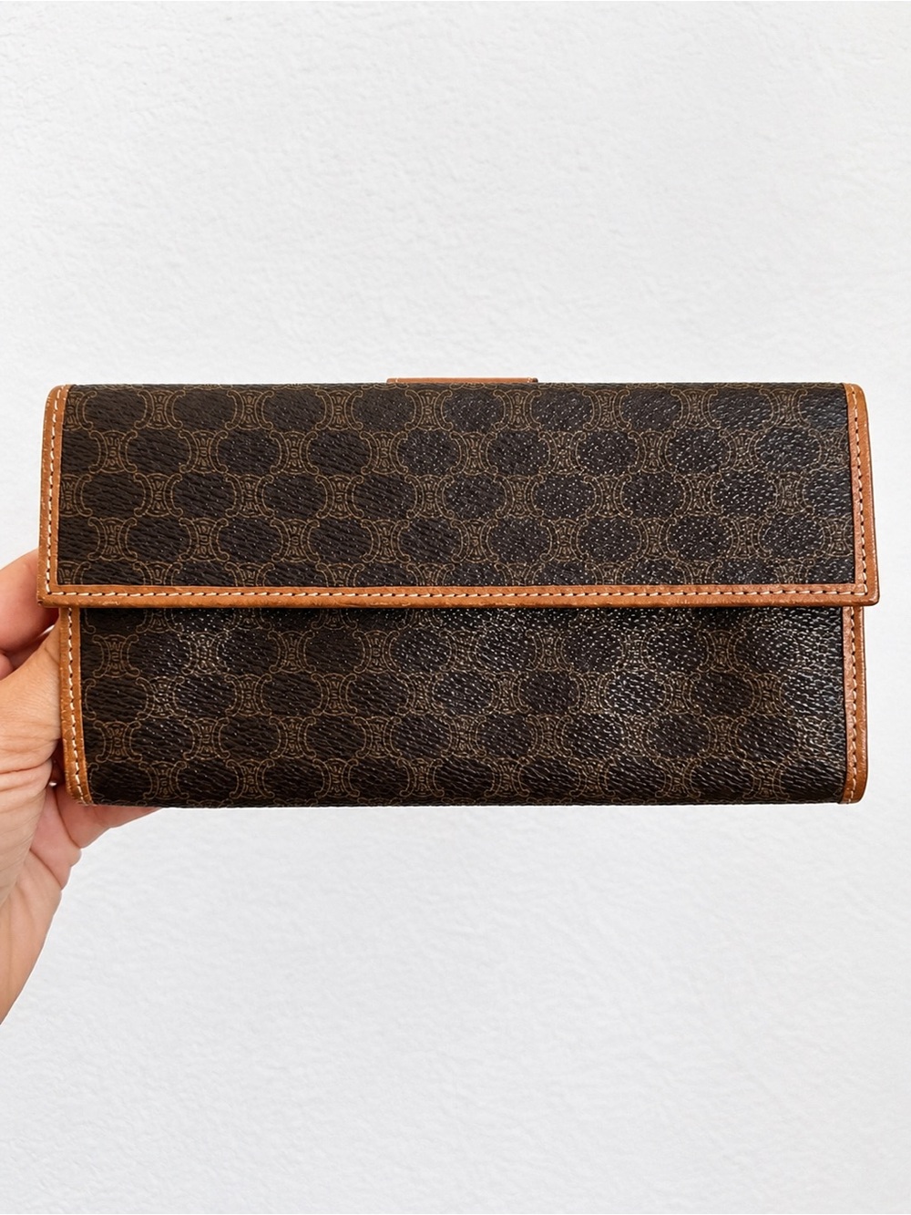 Celine Dark Brown Monogram Wallet with Tan Trim